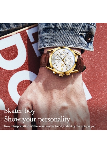 Olevs 2872 Erkekler Üç Göz Altı İğne Kronograf Su Geçirmez Kuvars Saat Beyaz + Altın