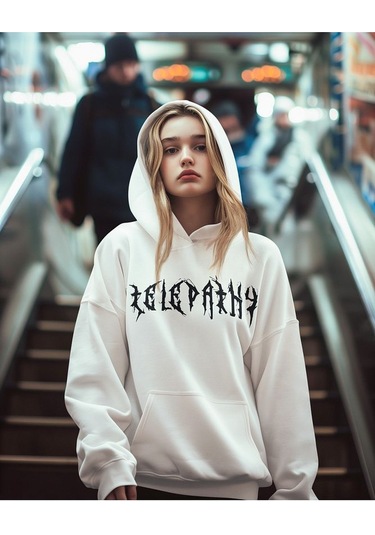 Sevbano Telepathy Baskılı Unisex Oversize Tasarım Hoodie Beyaz