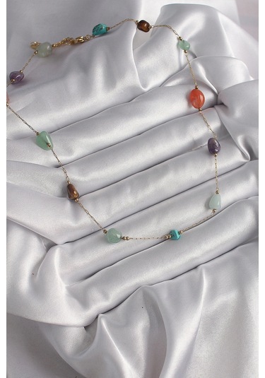 316l Çelik Gold Renk Zincir Renkli Doğaltaş Model Kadın Kolye Çok Renkli