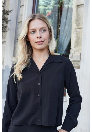 Kadın Likrasız Modal Kumaş Uzun Kol Hafif Kısa Gömlek-siyah Siyah