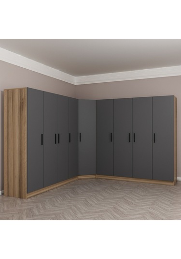 Minar Kale 9 Kapaklı 4 Ç Köşe Dolap Dore Antrasit 210cm Çok Renkli