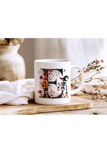 E Harfi Şapkalı İskelet Figürlü Ve Çiçekli Kupa Bardak - Cadılar Bayramı / Halloween Özel Hediye Beyaz