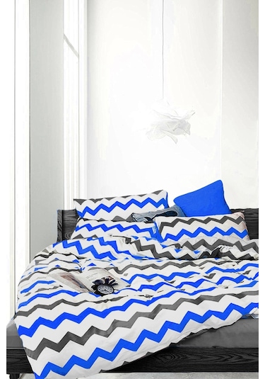 Doğal Pamuk Tek Kişilik Nevresim Takımı Mavi Zigzaglı