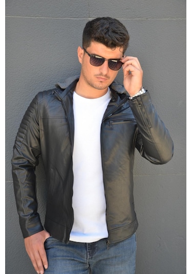 Prifaldi Erkek Kapüşonlu Deri Mont Siyah(554875697)