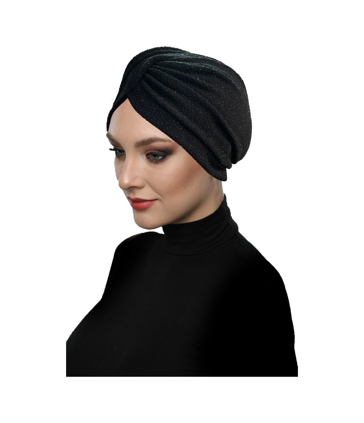 Çapraz Fukuro Simli Astarlı Siyah Hazır Türban Tesettür Abiye Bone Siyah