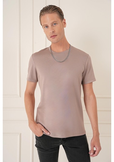 Comfort Fit Bisiklet Yaka Esnek Pamuk Casual Koyu Bej Tişört Ts 885 Bej