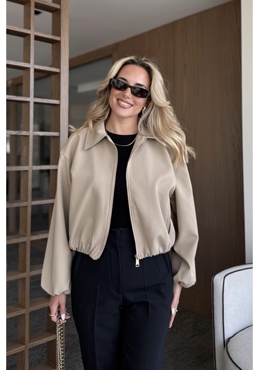 Camel Crop Bomber Ceket Camel