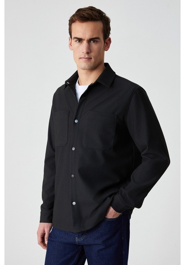 Jakarı Erkek Regular Fit Standart Kesim Klasik Yaka Desenli Çıtçıtlı Siyah Gömlek
