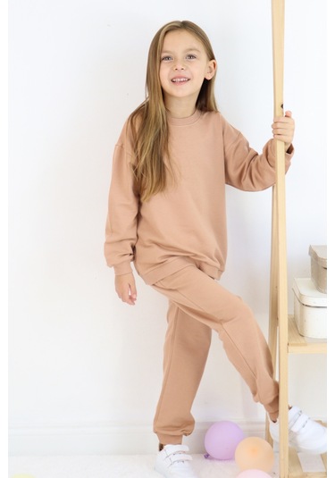 Kız Çocuk İki İplik Basic Eşofman Takımı Kahverengi