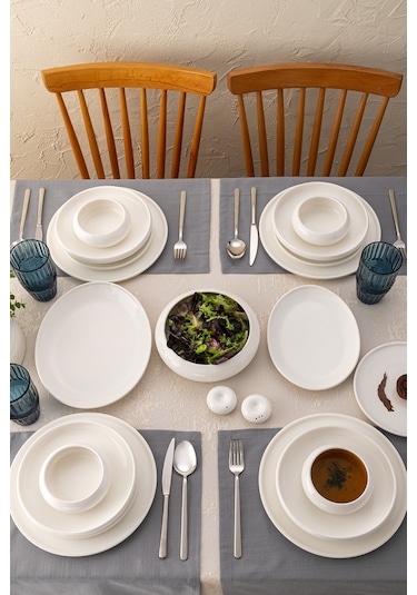 İstanbul Porselen Kınalıada 53 Parça 12 Kişilik Yuvarlak Yemek Takımı Beyaz