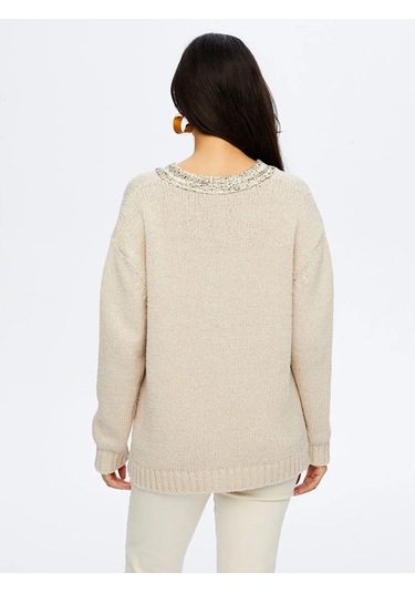 Faik Sönmez V Yaka Pamuklu Kadın Triko Bluz W26trb010 Taş