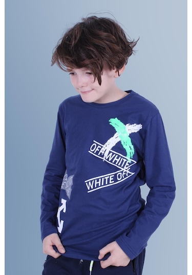 X Baskılı Uzun Kollu Erkek Çocuk Lacivert Sweatshirt Lacivert
