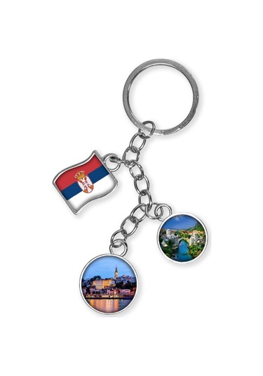 Sırbistan Üçlü Epoksi Metal Çift Taraflı Damla Anahtarlık Serbia Gümüş