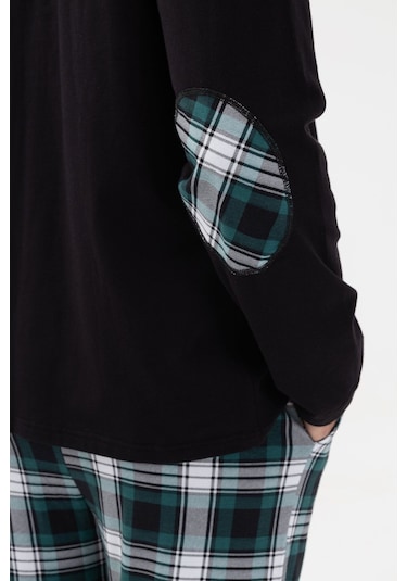 Erkek Pamuklu Uzun Kollu Yamalı Ekose Desenli Pijama Takımı Ko60104 Yeşil