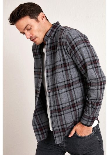 Buratti Ekoseli Uzun Kollu Slim Fit Kışlık Erkek Gömlek Cf21W112844 Antrasit