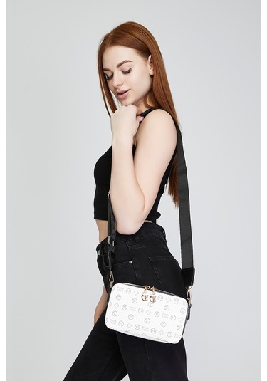 Morpelikan Beyaz Monogram İki Bölmeli Kolon Askılı Omuz Çantası Beyaz