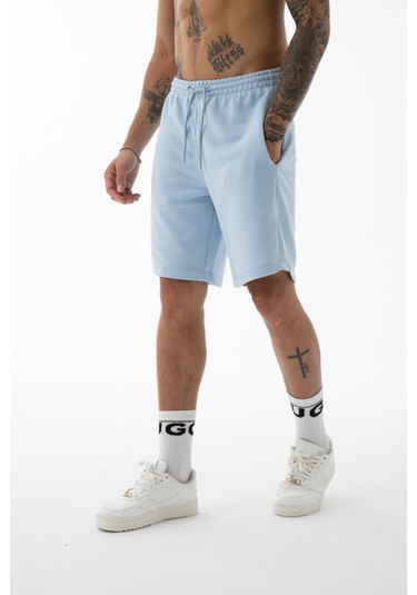 Erkek Açık Mavi Yüksek Kalite Relax-fit Rahat Kesim %100 Pamuk Bağcıklı Siyah Düz Basic Şort Açık Mavi