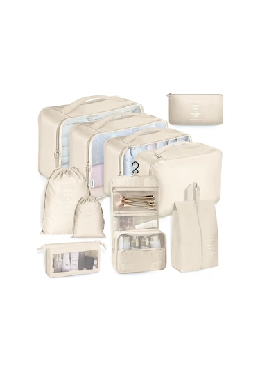 Skycity Seyahat Çantası Organizatör Seti 10 Parça : Kompresyonlu Kutu, Çamaşır Çantası, Ayakkabı Çantası, Makyaj Çantası - Bej Diğer
