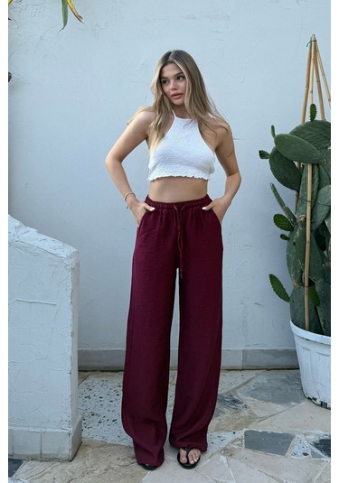Pembe Keten Karışımlı Bol Kesim Pantolon Bordo