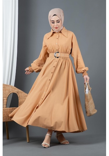 Sevitli Kemer Detaylı Elinna Elbise-camel-1568-camel Camel