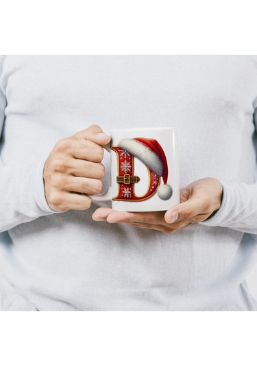 D Harfi Yılbaşı Temalı Bardak 330 Ml Harfli Kişiye Özel Hediye - Yeniyıl / Noel Şapka Tasarım Beyaz