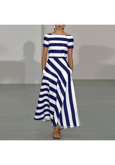 Vonda Kadın Yaz Yuvarlak Yaka Raglan Kısa Kollu Cep Çizgili Bol Uzun Elbise Koyu Mavi