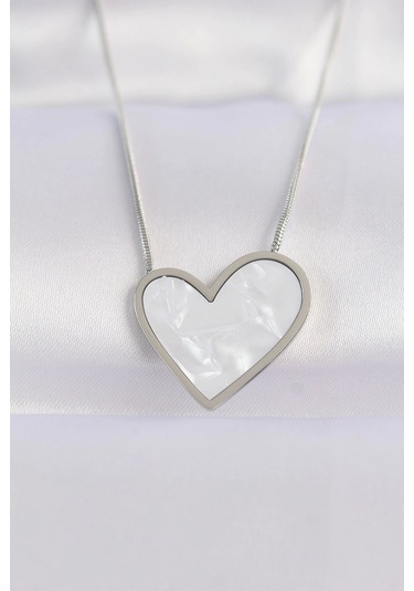 316l Çelik Zincir Gümüş Renk Mermer Desenli Kalp Kolye