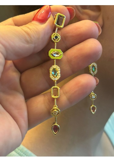 Renkli Taşlı Çelik Kadın Küpe 8 Cm Renkli