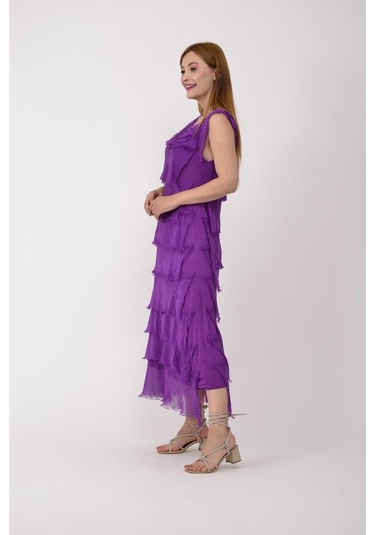 Italyan 2 Beden İnce Gösteren Kat Kat Kolsuz Ipek Elbise Mor