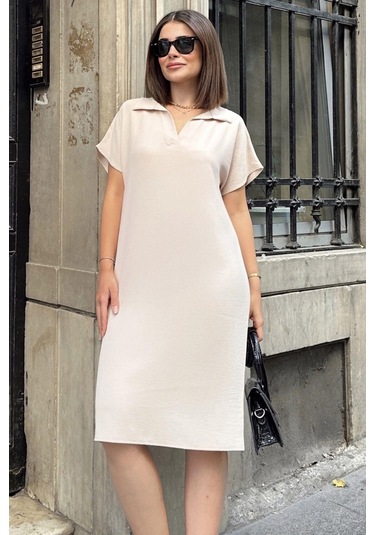 Bej Kısa Kol, Polo Yaka, Dokulu Kumaş, Basic Kalıp/kesim, Aerobin Rahat Midi Elbise Taş
