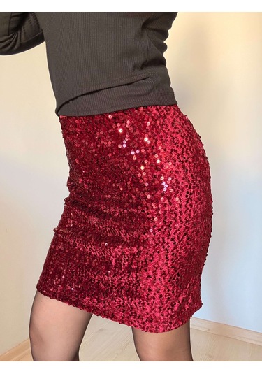Ali Butik Bordo Kadife Payetli Mini Etek Bordo