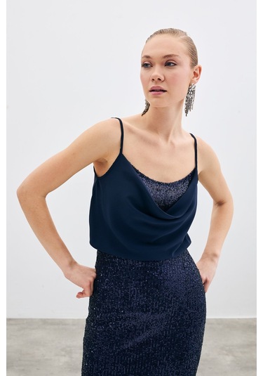 Sateen Degaje Yaka Bluz - Lacivert-135514 Lacivert
