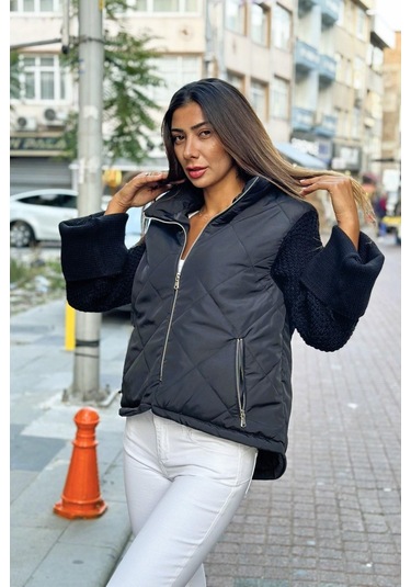 Keyifli Moda Kadın Siyah Dik Yaka Kolları Triko Cepleri Fermuarlı Şişme Mont - 36 Siyah