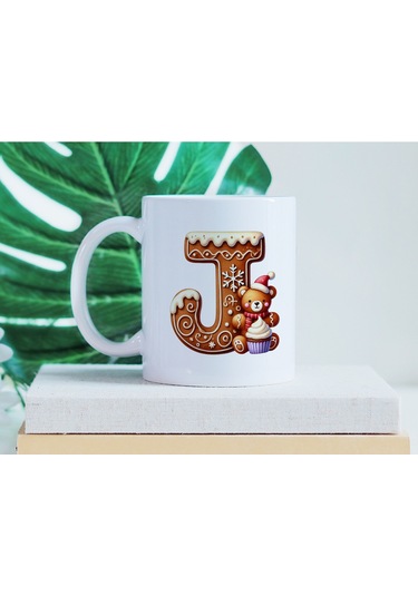 J Kurabiye Harf Ve Ayıcık Detaylı Kupa Bardak - Yeni Yıl / Yılbaşı Temalı Tasarım - Noel Hediye Beyaz