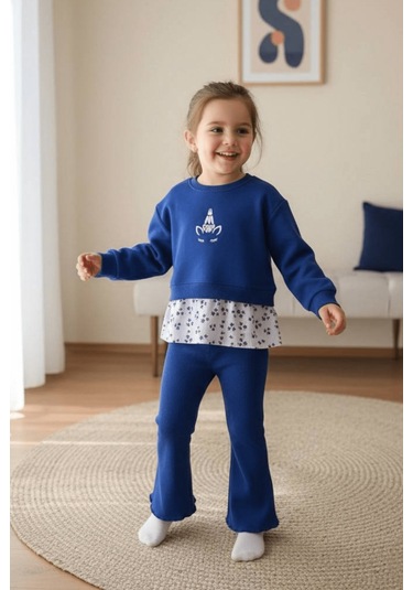 2-8 Yaş Unicorn Çiçek Detay İspanyol Kız Çocuk Takım Mavi Mavi