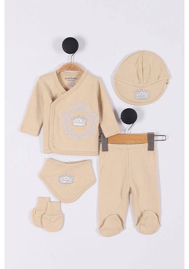 Nakış Desenli Müslin Erkek Bebek Hastane Çıkışı Bebek Kıyafetleri Yenidoğan Hastane Çıkış Seti 5 Li Bej