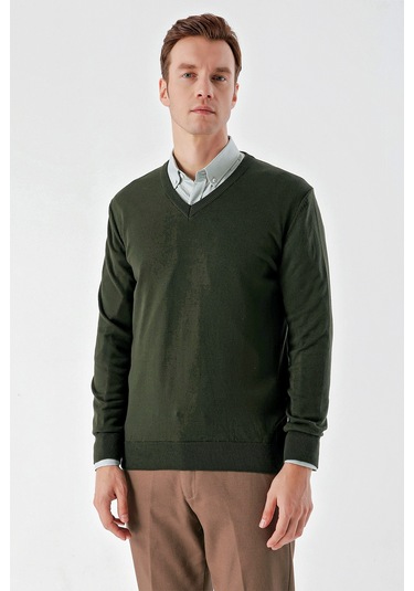 Morven Erkek Haki Basic V Yaka Dynamic Fit Rahat Kesim Triko Haki