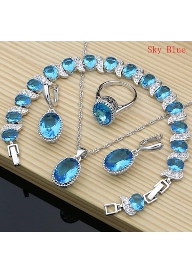 Novahub Pomoiii Doğal 925 Gümüş Takı Kırmızı Birthstone Charm Takı Setleri Kadın Küpe/kolye/kolye/yüzük/bilezik Gökyüzü Mavisi 6.5 Mavi