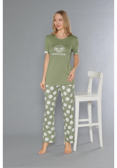 Flz Kısa Kol Yazlık Viskon Pijama Takımı Beach Club Flz 88-110 YESIL