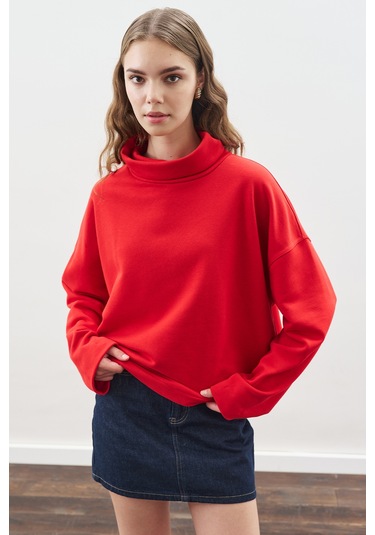 Yüksek Yakalı Oversıze Sweatshırt Kırmızı Kırmızı