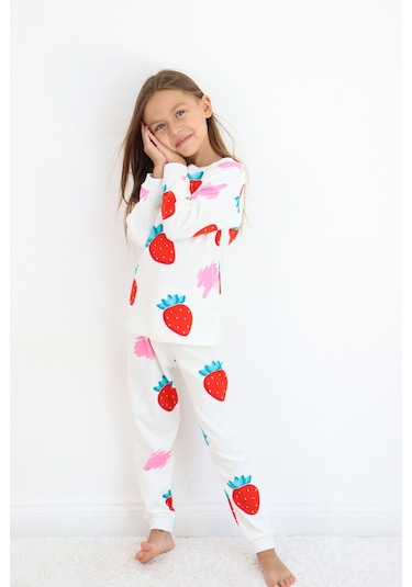 Kız Çocuk Orta Kalınlıkta Basic Baskılı Pijama Takımı Beyaz