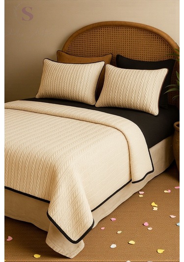 Siyah-krem Örgü Desen Çift Kişilik Nevresim Takımı Pike Tkm Çok Renkli