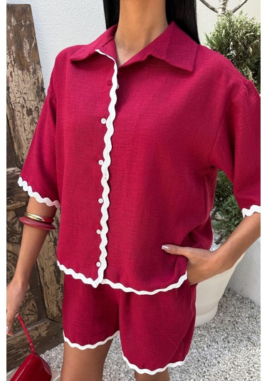 Kadın Mürdüm Keten Biye Detaylı Kısa Kollu Takım Mürdüm