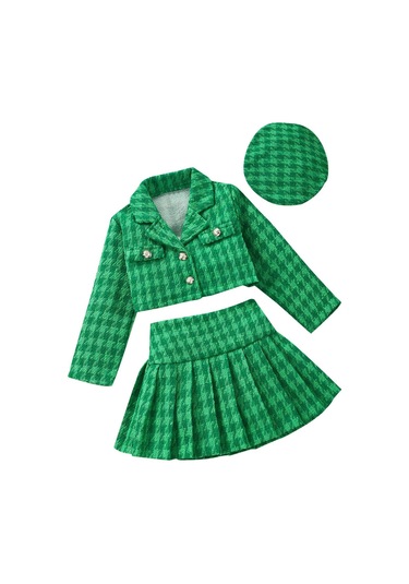 Yeşil Kızlar Sonbahar 3 Parça Kıyafetler 4y 5y 6y 7y Uzun Kollu Düğme Ceket Pilili Ekose Etek Şapka Seti Yeşil