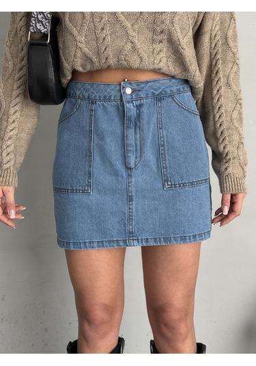 Kadın Mavi Denim Mini Etek Mavi