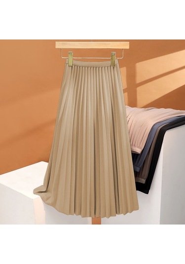 Yeni Yazlık Yüksek Kaliteli Mizaç Pileli Etek Dökümlü Yüksek Bel Orta Uzunluk Şampanya