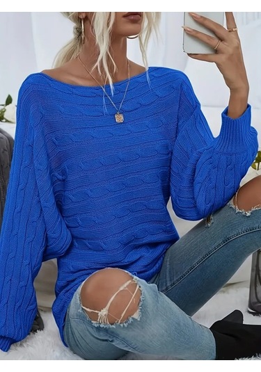 Soonaksesuar Kadın Uzun Kollu Yakası Açık Saç Örgü Desenli Triko Bluz Saks Mavi