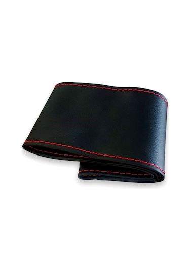 Universal 10 Adet Deri Dikmeli Direksiyon Kılıfı Soft Siyah Deri-Kırmızı İpli (38×10CM)