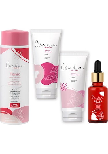 C'enta Beauty Yağlı Ciltler İçin Gece Bakım Kremi 50 ML + Gündüz Kremi 50 ML + Bha-Aha Serum 30 ML + Tonik 200 ML