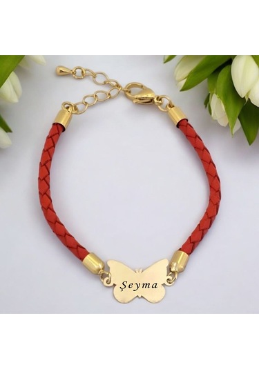 Şeyma İsmine Özel Kelebek Motifli 14 Ayar Altın Plakalı Turuncu Derili Hediye Bileklik-502isim Şeyma